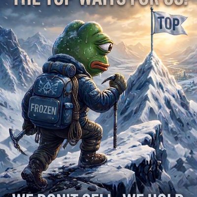 A hooded, sweating Pepe in winter mountaineering gear climbs a snowy ridge toward a distant summit flying a flag that reads TOP, ice axe in hand and a backpack labeled FROZEN. Text on the art reads: The top waits for us. We don't sell. We hold.